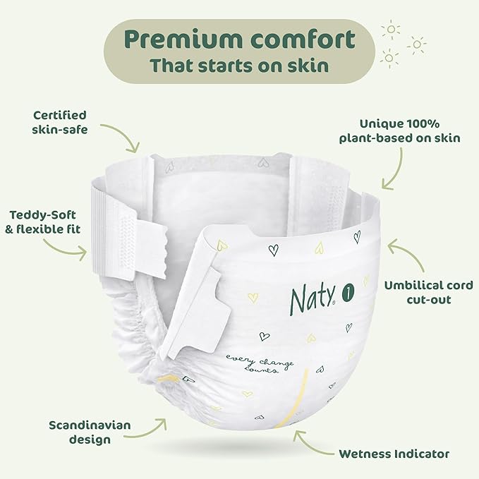 Naty BioEmbrace Baby Newborn Diapers | Sensitive Skin Safe Certified | Leak Protection up to 100% | Plant-Based Teddy Softness, Premium Comfort | Chlorine-Free | Size 1 (4–11 lbs), 100 Count