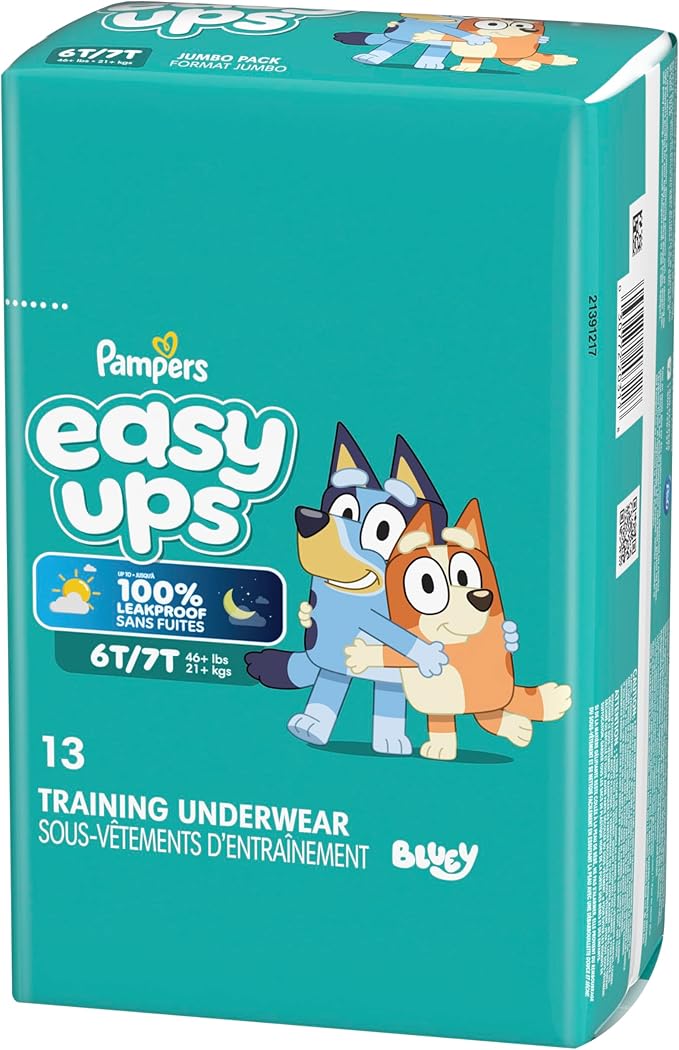 Easy Ups Girls & Boys Potty Training Pants, Size 6T-7T, 13 Count, Bluey Absorbent Training Underwear, Up to 100% Leakproof Day and Night, Hypoallergenic (Packaging May Vary)
