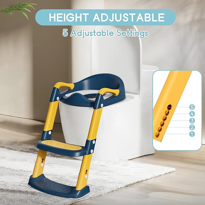 COOSEYA Potty Training Toilet with Step Stool Ladder, Toddler Kids Potty Training Seat for Boys Girls, Foldable Anti-Slip Toilet Toddler Seat Splash Guard Soft Cushion Safety Handles (Blue Yellow)