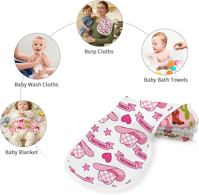 6 Pack Baby Burp Cloths, 100% Cotton Crinkle Muslin with Pink Western Cowgirl & Cherry Print, Large Soft & Absorbent Washcloths, Perfect Newborn Baby Girl Shower Gift