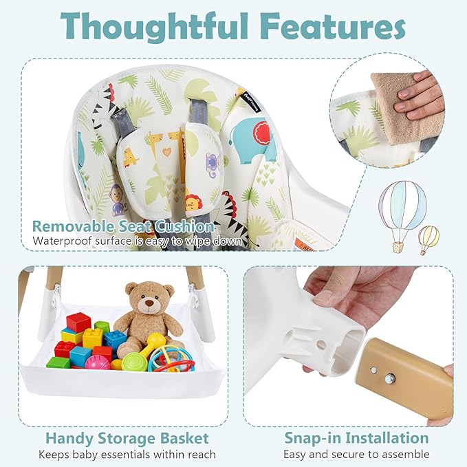 BABY JOY High Chair, 4-in-1 Convertible Highchair for Babies and Toddlers with Adjustable Legs, Double Removable Tray, Storage Basket, 5-Point Safety Harness & Waterproof PU Cushion, Easy to Clean