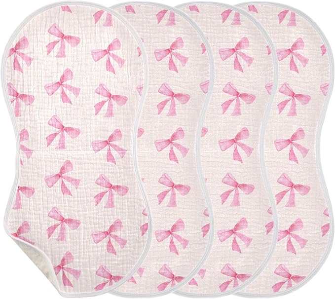 Burbuja Pink Bow Muslin Baby Burp Cloths, Soft & Absorbent Cotton Burping Rags for Newborn Boys & Girls, 4 Pack