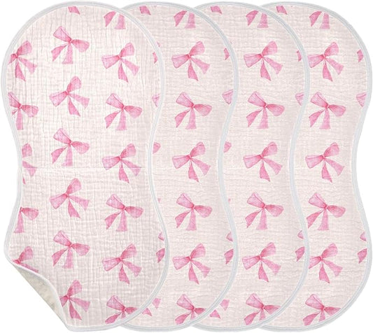 Burbuja Pink Bow Muslin Baby Burp Cloths, Soft & Absorbent Cotton Burping Rags for Newborn Boys & Girls, 4 Pack