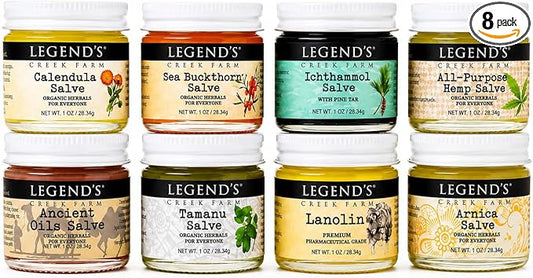 Legend's Creek Farm Herbal Salve Bundle 8 Pack - Pack of 1 oz. Healing Ointment with Ichthammol, Calendula, All-Purpose Hemp, Sea Buckthorn, Tamanu & Hemp, Arnica, Ancient Oil, Lanolin (8 Jars)