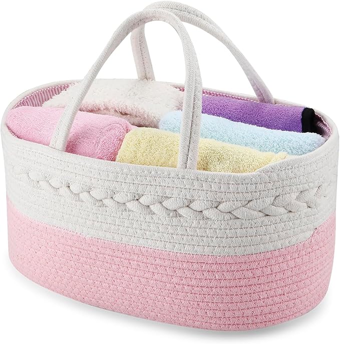 PandaEar Baby Diaper Caddy Organizer Cotton Rope Nursery Storage Basket Portable Car Organizer for Baby Shower Gifts Newborn Infants -Pink