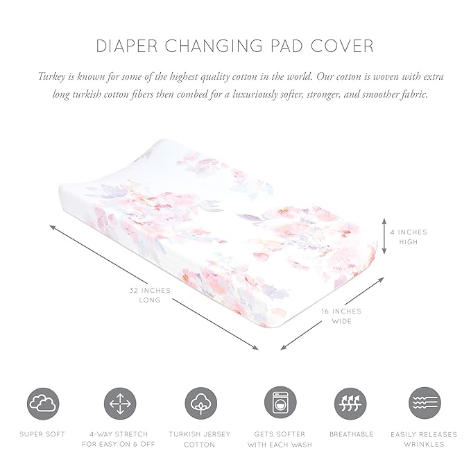 Oilo Changing Pad Cover, Breathable Organic Cotton Fitted Jersey, 300 Thread Count, Machine Washable, Fits Standard Changing Pads (32" x 16"), Girl, Boy, & Neutral Nursery Design, Prim