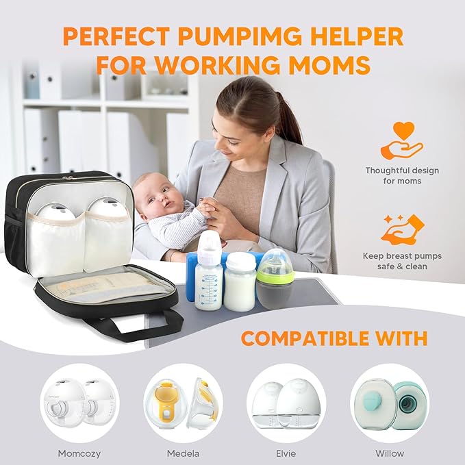 PIIOSER Breastmilk Cooler Travel Bag with Ice Pack, Compatible with Wearable Breast Pumps & Accessories - Portable Hands Free Breast Pump Carrying Case for Nursing & Working Moms, Black