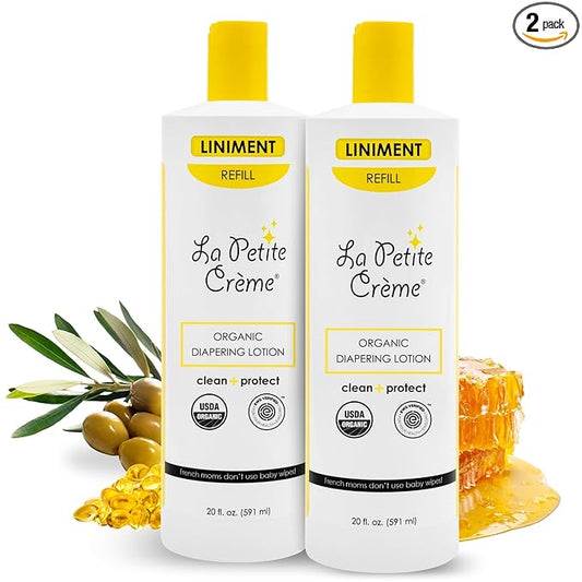 La Petite Creme French Premium Diapering Lotion - Diaper Cream Alternative to Baby Wipes - Moisturizer & Skin Cleanser - USDA Certified Organic Ingredients - Baby Essentials (2 Bottles of 20 oz)
