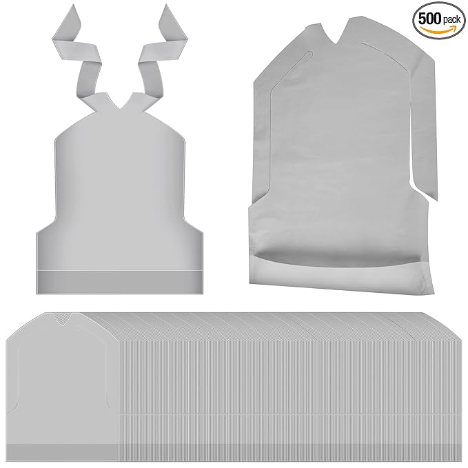 Skicuff 500 Pcs Disposable Plastic Bibs Bulk for Kids 11" x 15.75" Children Eating Bibs with Crumb Catcher for Toddlers (Silver Ash)