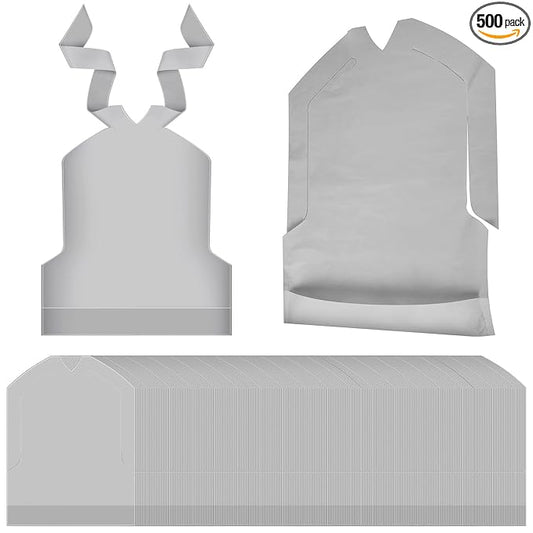 Skicuff 500 Pcs Disposable Plastic Bibs Bulk for Kids 11" x 15.75" Children Eating Bibs with Crumb Catcher for Toddlers (Silver Ash)