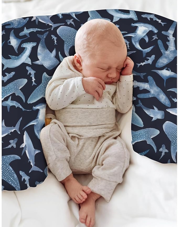 Blue Sharks Baby Nursing Pillow Covers for Boy Girl Sea Ocean Animal Nursing Pillow Slipcovers for Breastfeeding Pillows Nautical Shark Soft Stretchy Removable Covers for Newborn Infant