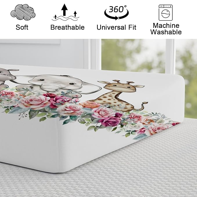 Baby Safari Animals Changing Pad Cover Cute Lion Elephant Giraffe Zebra Hippo Retro Floral Change Table Pad Cover for Boys Girls Soft Stretch Fitted Diaper Changing Mat Sheets 32''x16''