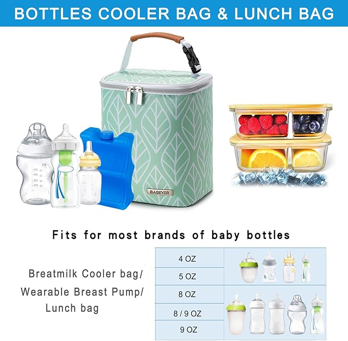 Breast Milk Cooler Bag with Ice Pack Fits 4 Baby Bottles Up to 9 Ounce, Baby Bottle Bag for Nursing Mom Daycare-Green