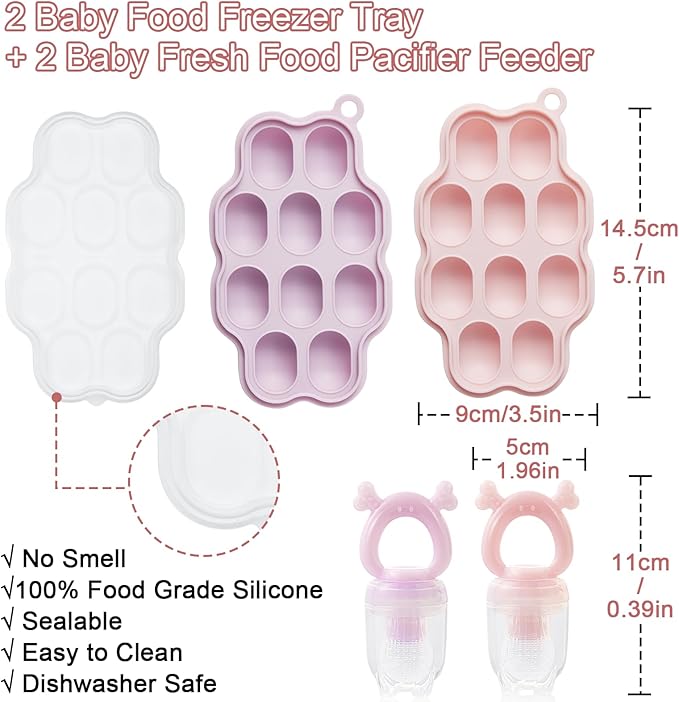 KingKam Baby Breastmilk Popsicle Molds & Baby Fruit Feeder (2 Pack), Baby Food Freezer Tray Storage Containers, Silicone Pacifier Feeder and Teether