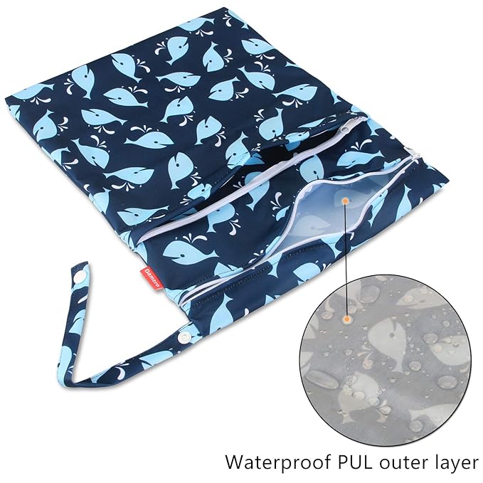 Damero Cloth Diaper Wet Dry Bag with Handle for Swimsuit, Pumping Parts, Wet Clothes and More, Ideal for Travel, Exercise, Daycare, Swimming, Reusable and Water-Resistant (Medium,Whale)