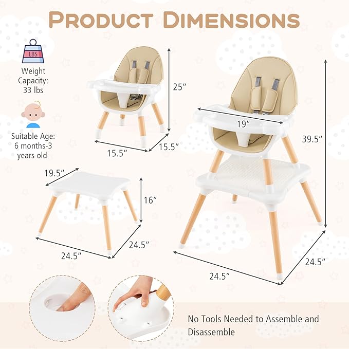 HONEY JOY Baby High Chair, 6-in-1 Convertible Wooden Highchair for Babies and Toddlers/Table Set/Toddler Chair with Safety Harness, 4-Position Removable Feeding Tray (Khaki)