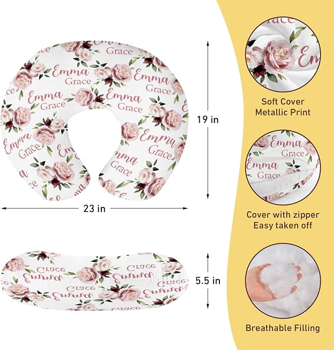 Customizable Flowers Baby Nursing Pillow Cover - Add Your Baby's Name, Ultra-Soft Stretch Fabric, Fits Standard Nursing Pillows, Ideal for Baby Showers Style 13