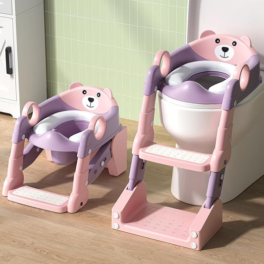COOSEYA 2-in-1 Potty Training Seat & Potty Chair, Toddler Toilet Seat with Step Stool Ladder, Height Adjustable Foldable Potty Training Toilet for Kids Boys Girls with Splash Guard & Anti-Slip Steps