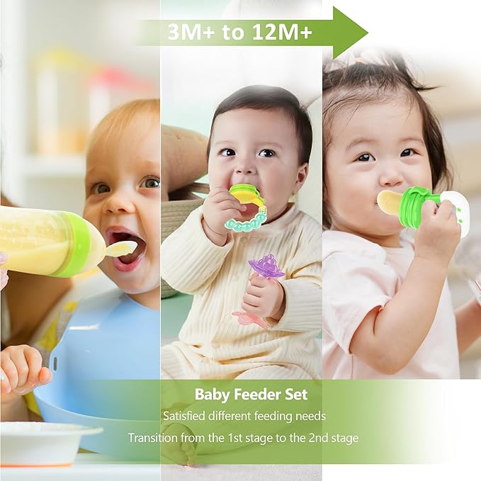 Baby Fruit Feeder Pacifier - 12 Pack | 2 Infant Food Feeder Pacifier & 1 Babies Food Dispensing Spoon | Fresh Fruit Teethers for Babies | Silicone Feeder Baby,Infant Teething Feeders(Green)
