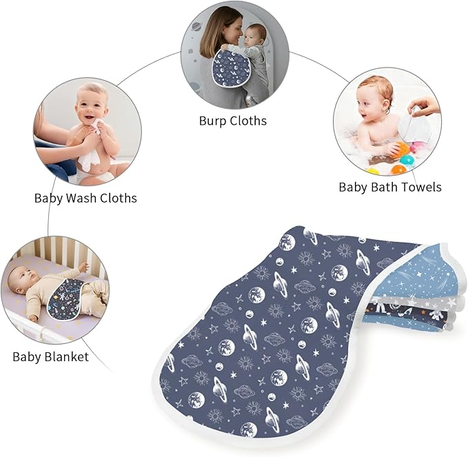 4 Pack Baby Burp Cloths for Boys Girls, Soft Cotton, Deep Blue Space Galaxy Theme Design, Super Absorbent Baby Burping Cloths for Newborns, Machine Washable and Reusable Baby Spit-Up Cloths