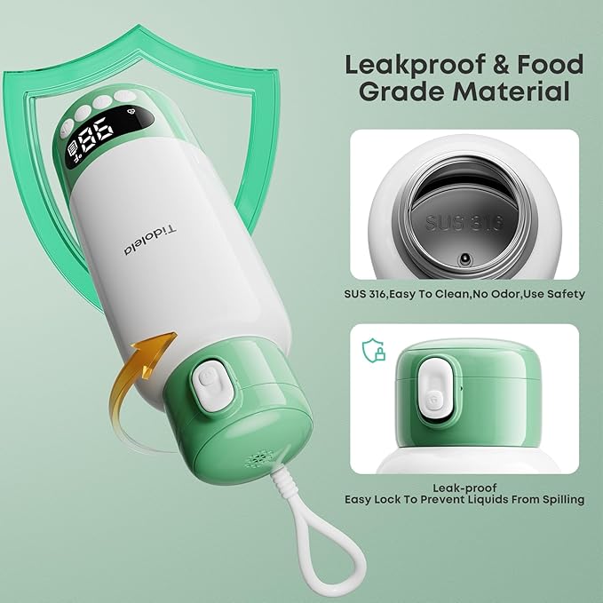 Portable Bottle Warmer for Travel, Fast Heating in 2 Mins, Dual Heating for Breastmilk & Water, Long Battery Life, 6 Temp Settings with Keep Warm, Built-in Sterilizer, 17oz (Green)