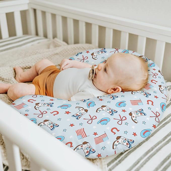 July 4th Western Cowboys Baby Nursing Pillow Covers for Boy Cowboy Boots Hat American Flag Stars Bows Nursing Slipcovers for Breastfeeding Pillows Patriotic Soft Stretchy Cover for Newborn Infant Blue