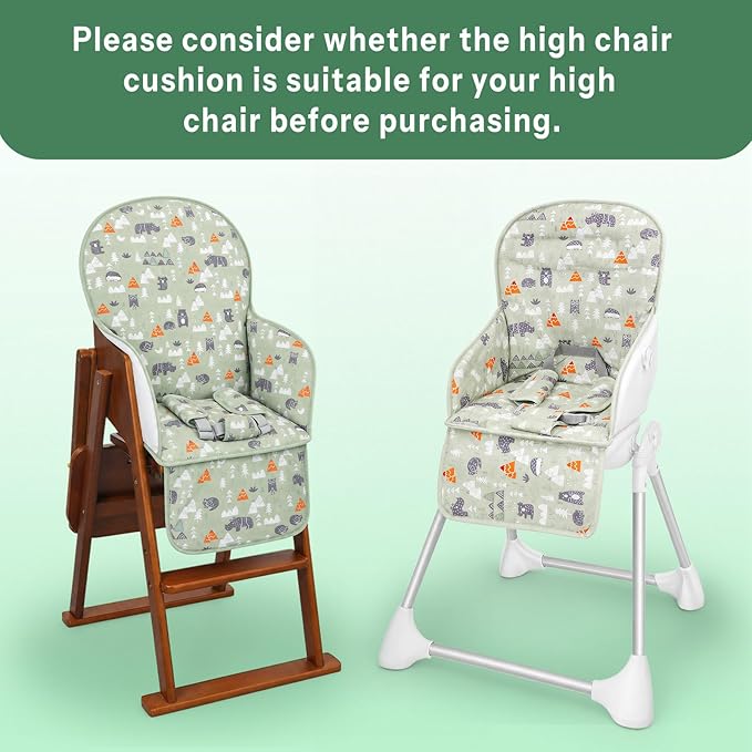 High Chair Pad, High Chair Cushion, High Chair Cover Pad, Safe and Comfort, Soft and Breathable, Cute Pattern, Baby Sits More Comfortable（Green Animal Pattern）
