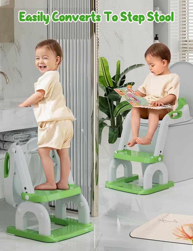 Potty Training Seat with Step Stool, Toddler Potty Training Toilet Seat with Non-Slip Step Splash Guard Safety Handles and Waterproof Cushion, 2 In 1 Toddler Potty Seat