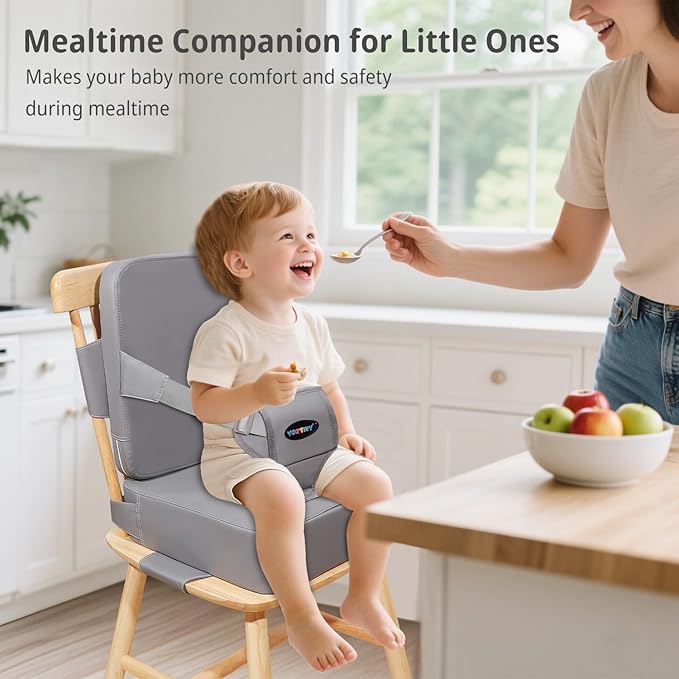 Toddler Booster Seat for Kitchen Chair with Removable Backrest & Adjustable Straps, PU Portable Waterproof & Non-Slip Booster Seat for Dining Table, Travel Child Eating Cushion-Light Grey