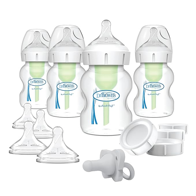 Dr. Brown's Anti-Colic Wide-Neck Feeding Set with Slow Flow Nipples, Travel Caps & Silicone Pacifier & Anti-Colic Options+ Baby Bottles, Narrow, 4 oz, 4pack