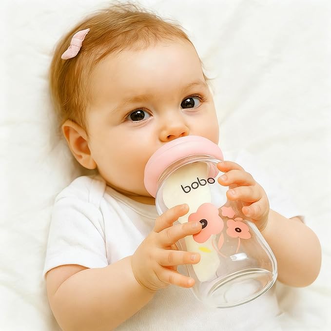 YOHKOH Natural Glass Baby Bottle with Level 1 Slow Flow Nipple, Newborn Anti-Colic Baby Bottles, Wide Neck Mushroom Baby Glass Bottle ((5.4oz (Pack of 4), Red-1)