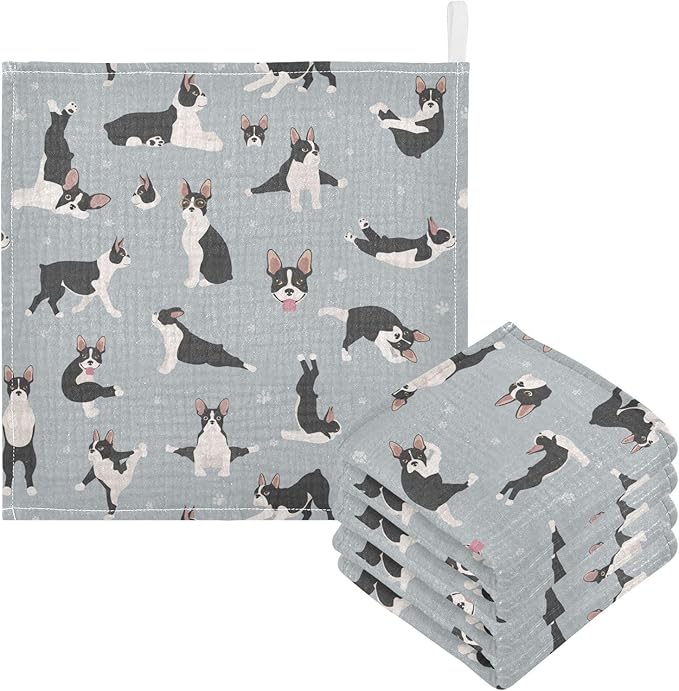 vvfelixl Baby Muslin Washcloths Boston Terrier Baby Burp Cloths Cotton Baby Face Towel for Newborn Infants Boys Girls Soft and Absorbent 11.8 X 11.8 in, 3 Pack