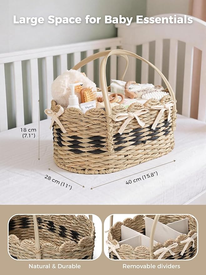Diaper Caddy Organizer, Hand Woven Scalloped Diaper Caddy Basket Changing Table Organizer, Natural Seagrass Wicker Nursery Bakset Picnic Basket Household Organizer, Natural