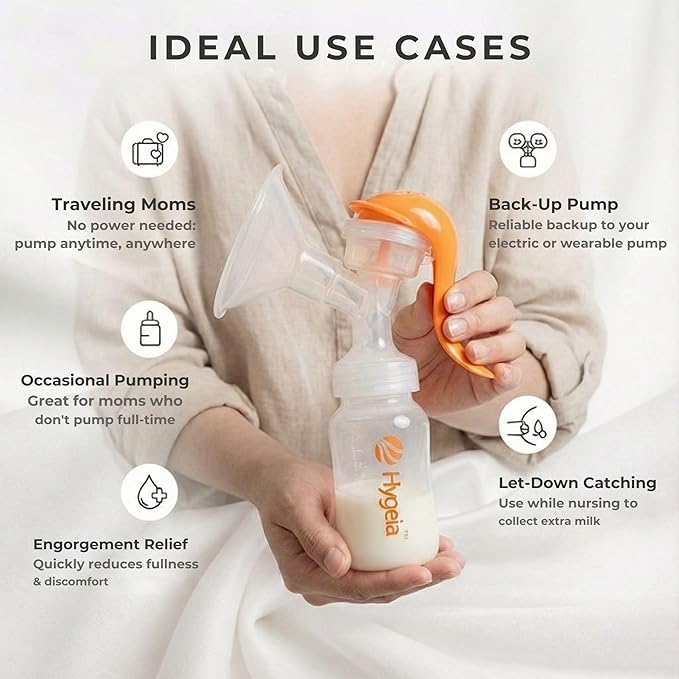 Hygeia Manual Breast Pump | One-Hand Use | Lightweight & Portable | BPA-Free | Comfortable, Quiet Suction | Includes 24mm & 28mm Flanges