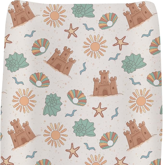 Boho Beach Summer Changing Pad Covers for Baby Girls Boys Retro Seaside Holiday Fitted Change Table Pad Covers Mats Sun Seashells Castle Soft Diaper Changing Pad Sheets for 32''×16'' Contoured Pad