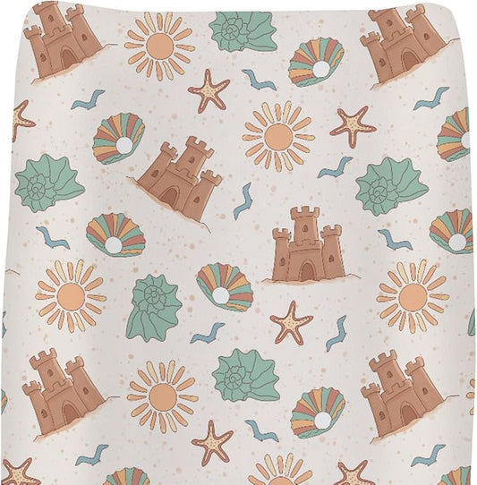 Boho Beach Summer Changing Pad Covers for Baby Girls Boys Retro Seaside Holiday Fitted Change Table Pad Covers Mats Sun Seashells Castle Soft Diaper Changing Pad Sheets for 32''×16'' Contoured Pad