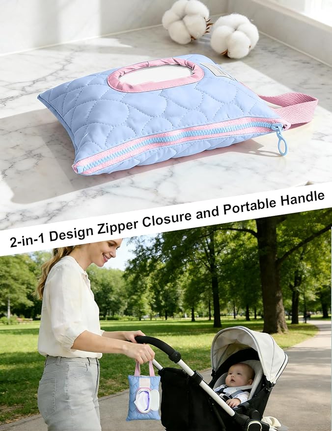 Reusable Baby Wipe Cover Fabric Quilted, Universal Size Travel-Friendly Baby Wipes Bag with Zipper Compatible with HUGGIES,WaterWipes,Pampers,Johnson and More Brands (Blue)