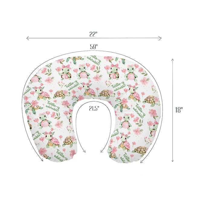Baby Girls Nursing Pillow Cover Sea Turtle Pink Green Floral, Turtley Adorable Flower Breastfeeding Pillowcase, Bottle Feeding Pillow Slipcover Shower Gift Cover Only