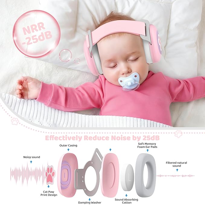 YomauiYee Baby Headphones,Infant Noise Cancelling Earmuffs with Cat Paw Pattern,Infant Ear Protection for Babies 0-48 Months,Baby Travel Essentials for Airplane/Improves Sleep