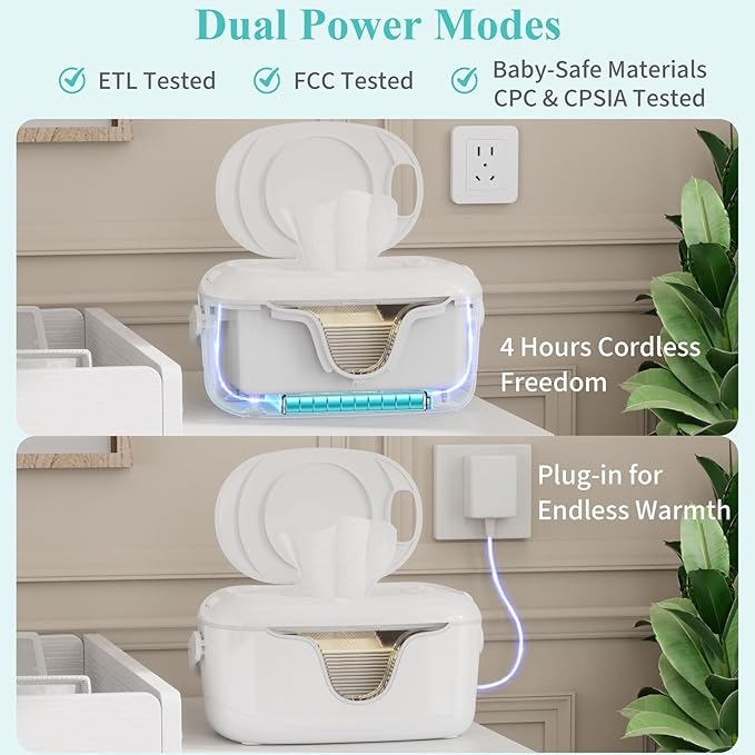 Portable Baby Wipe Warmer - Cordless Rechargeable Wet Wipes Dispenser for Travel Battery Operated with Nightlight Temperature Control for On the Go