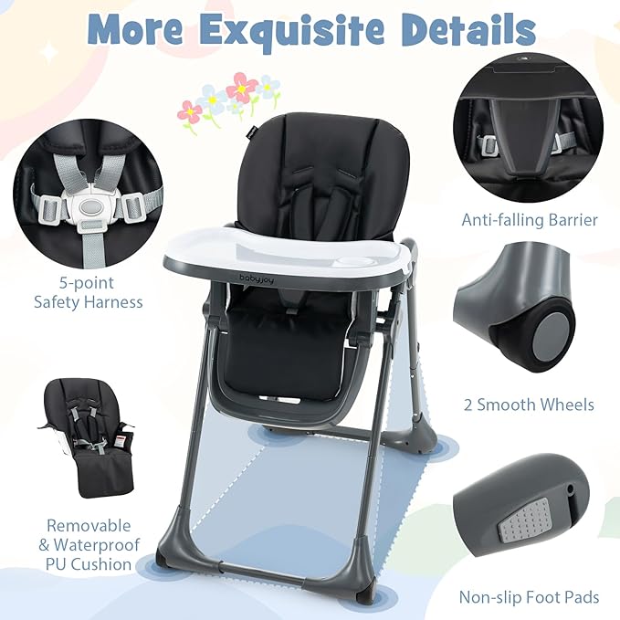 BABY JOY Convertible High Chair for Babies & Toddlers, Height Adjustable, Grow & Go High Chair w/Recline & Footrest, Removable Double Tray, Portable Baby Dinning Chair with Wheels (Black)