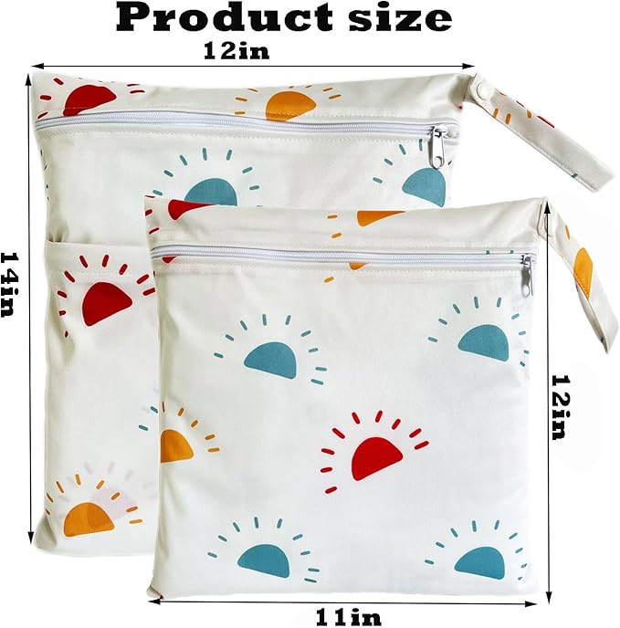 Wet Dry Bag for Cloth Diapers, 2PCS Waterproof Reusable Wet Bag with Zippered Pockets, Washable, Reusable for Travel, Beach, Pool, Stroller, Diapers, Dirty Gym Clothes, Swimsuits, 14x12In & 12x11In