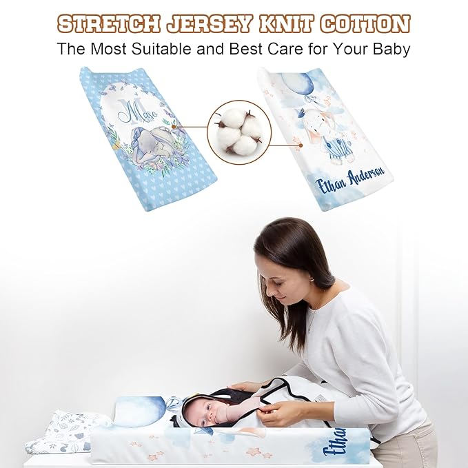 Personalized Baby Changing Pad Cover - 2 Piece Blue Elephant Baby Pee Pad Nursery Bedding with Name, Portable Diaper Changing Pad, Gifts for Infant