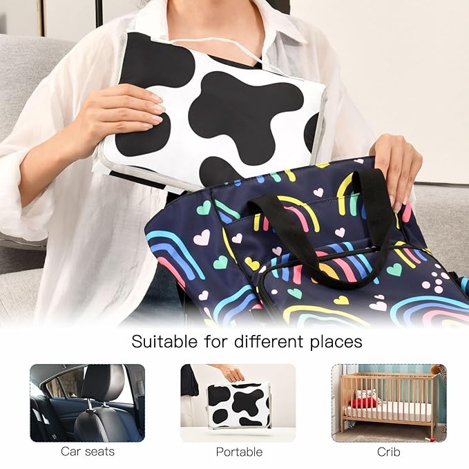 Portable Diaper Changing Pad Travel Baby Changing Mat Waterproof Diaper Changing Mat Foldable Lightweight Baby Changer with Built-in Pillow Cow Print Black and White