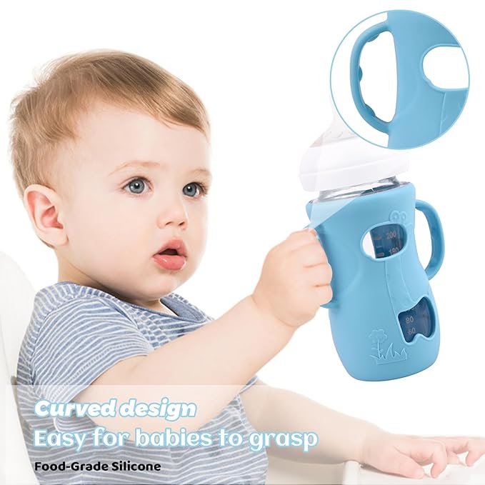 3 Pack Silicone Sleeves for Avent Natural Glass Baby Bottles, Anti Breakage Baby Bottle Sleeves with Handles, Compatible Philips Avent Glass Natural Baby Bottle 8 oz(White+Green+Blue)