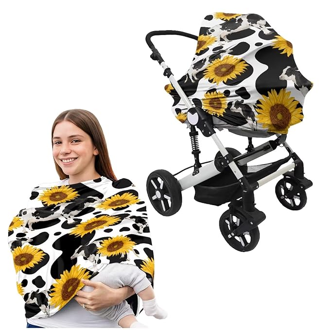 Sunflower Cow Baby Car Seat Cover with Nursing Pillow Case Set of 2, Stretchy Comfort Nursing Cover for Breastfeeding, Carseat Canopy, High Chair Protectors