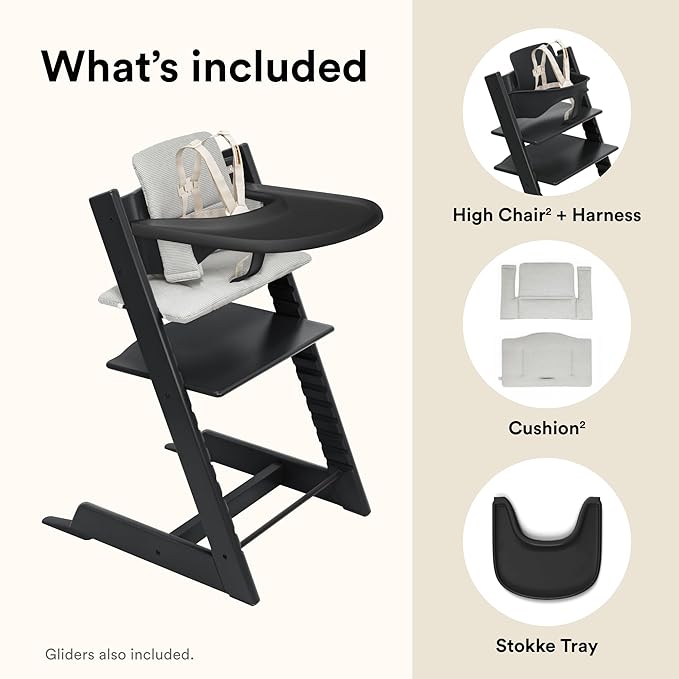 Stokke Tripp Trapp High Chair 2 (Black), Cushion 2 (Nordic Grey) + Stokke Tray (Black) - Includes Chair + Baby Set with Removable Harness for Children 6-36 Months