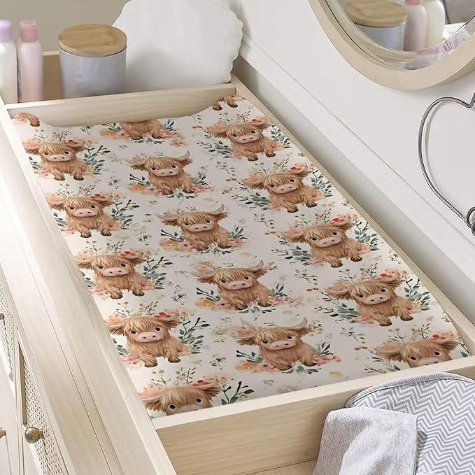 Cute Highland Cow Nursery Sheets Comfortable Rectangle Unisex Fitted Baby Changing Pad Cover Sheets for Baby Boys or Girls