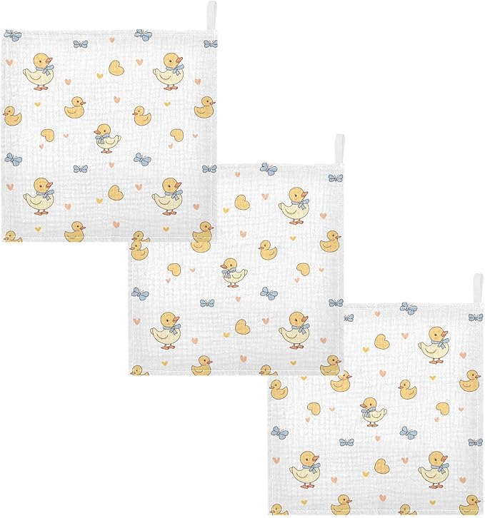 vvfelixl Baby Muslin Washcloths Duck with Ribbon Baby Burp Cloths Cotton Babys Face Towel for Newborn Infants Boys Girls Soft and Absorbent 11.8 X 11.8 in, 3 Pack