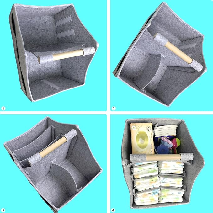 Baby diaper caddy organizer, car felt caddy, baby product storage basket, solid wood handle, detachable partition storage basket for daycare,Best Gift Basket for Babies (grey)